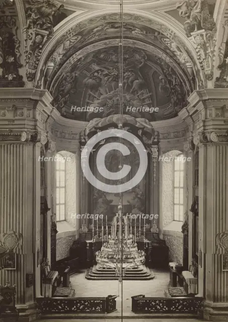 Parish Church of the Corpus Christi - presbytery with main altar retable, Nyasvizh, around 1930. Creator: Boleslaw Tauroginski.