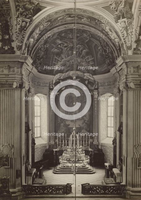 Parish Church of the Corpus Christi - presbytery with main altar retable, Nyasvizh, around 1930. Creator: Boleslaw Tauroginski.