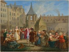Parisian city scenes: a minuet by the French Garde and The pea sheller in the..., Mid 18th cent. Creator: Jeaurat, Etienne (1699-1789)