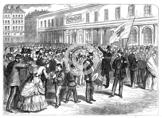 Parisian schoolboys collecting gifts for the relief of the wounded (sketch by balloon post), 1871. Creator: Unknown.