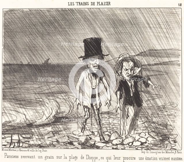 Parisiens recevant un grain sur la plage de Dieppe..., 1852. Creator: Honore Daumier.