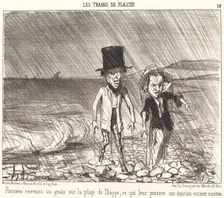 Parisiens recevant un grain sur la plage de Dieppe..., 1852. Creator: Honore Daumier