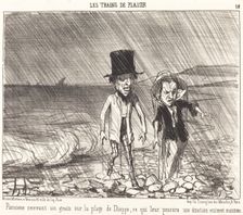 Parisiens recevant un grain sur la plage de Dieppe..., 1852. Creator: Honore Daumier
