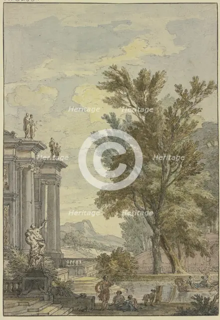 Park view, a building with columns and statues on the left, a basin with a gondola..., 17th century. Creator: Isaac de Moucheron.