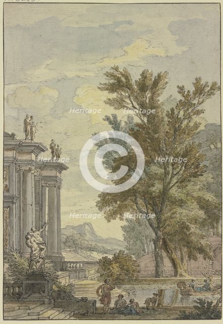 Park view, a building with columns and statues on the left, a basin with a gondola..., 17th century. Creator: Isaac de Moucheron.