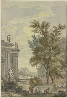 Park view, a building with columns and statues on the left, a basin with a gondola..., 17th century. Creator: Isaac de Moucheron