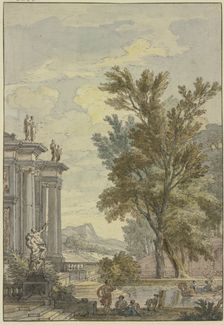 Park view, a building with columns and statues on the left, a basin with a gondola..., 17th century. Creator: Isaac de Moucheron