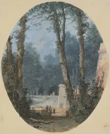 Park landscape with tall trees and a stone ramp in the middle ground, c1780. Creator: Louis Gabriel Moreau