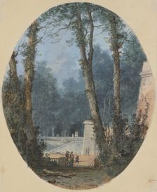 Park landscape with tall trees and a stone ramp in the middle ground, c1780. Creator: Louis Gabriel Moreau