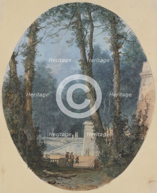 Park landscape with tall trees and a stone ramp in the middle ground, c1780. Creator: Louis Gabriel Moreau.