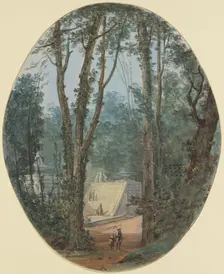 Park landscape with tall trees and a view of a staircase in the middle ground, c1780. Creator: Louis Gabriel Moreau