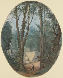 Park landscape with tall trees and a view of a staircase in the middle ground, c1780. Creator: Louis Gabriel Moreau