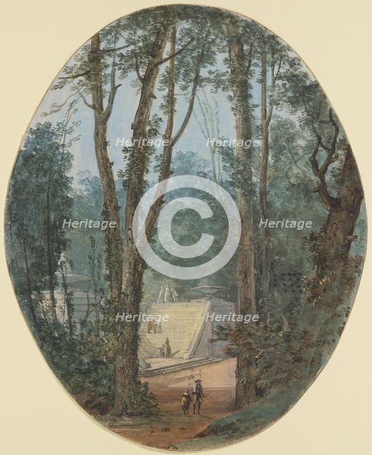 Park landscape with tall trees and a view of a staircase in the middle ground, c1780. Creator: Louis Gabriel Moreau.