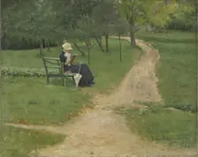 Park landscape with reading Woman, 1882. Creator: Sofie Werenskiold