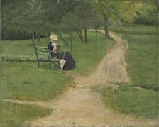 Park landscape with reading Woman, 1882. Creator: Sofie Werenskiold