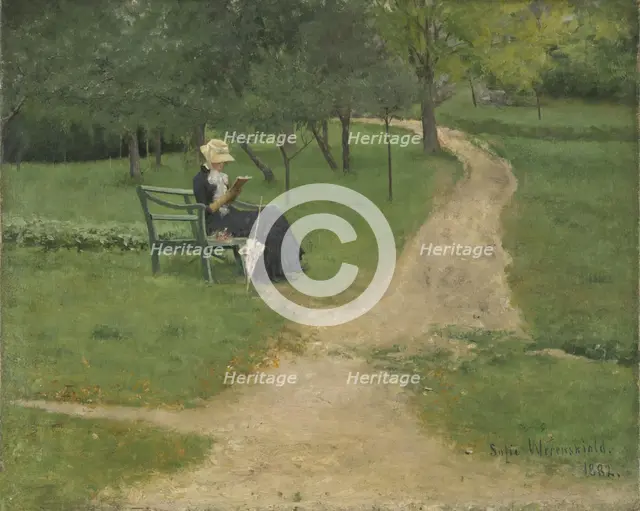 Park landscape with reading Woman, 1882. Creator: Sofie Werenskiold.