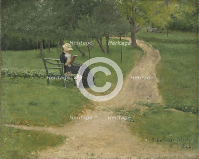 Park landscape with reading Woman, 1882. Creator: Sofie Werenskiold.