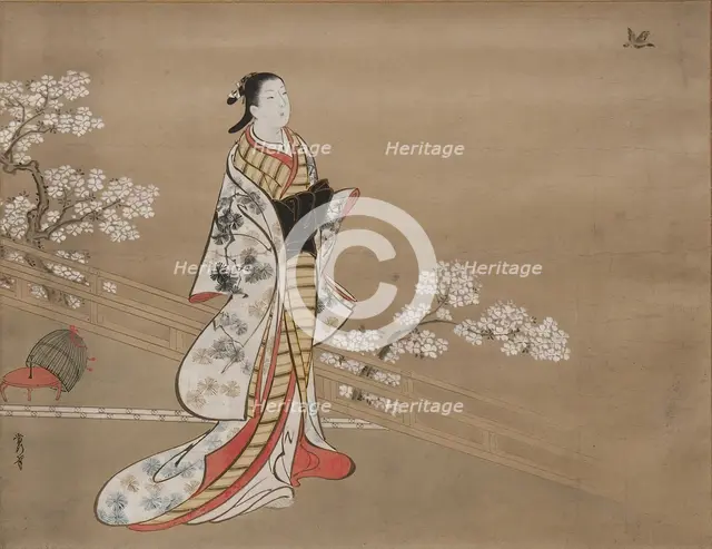 Parody of Murasaki, from "Lavender" (Wakamurasaki), chapter 5 of the Tale of Genji, 18th century. Creator: Kawamata Tsuneyuki.