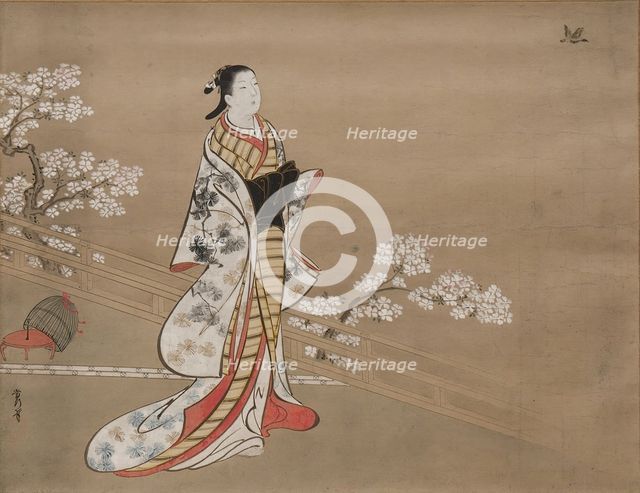Parody of Murasaki, from "Lavender" (Wakamurasaki), chapter 5 of the Tale of Genji, 18th century. Creator: Kawamata Tsuneyuki.