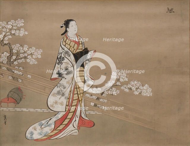 Parody of Murasaki, from "Lavender" (Wakamurasaki), chapter 5 of the Tale of Genji, 18th century. Creator: Kawamata Tsuneyuki.