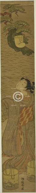 Parody of Matsukaze dancing beneath Yukihira's robe, c. 1771. Creator: Isoda Koryusai.