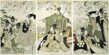 Parody of Minamoto no Yoritomo releasing cranes at Yuigahama, Japan, c. 1805. Creator: Kitagawa Utamaro