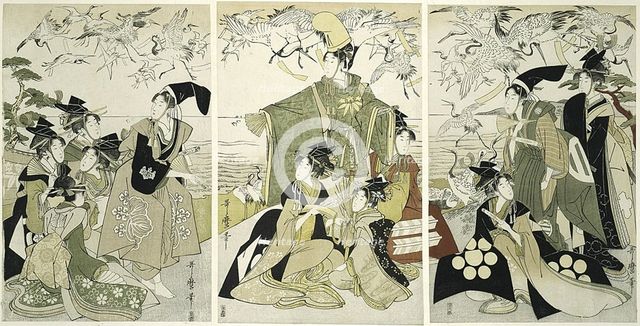Parody of Minamoto no Yoritomo releasing cranes at Yuigahama, Japan, c. 1805. Creator: Kitagawa Utamaro.