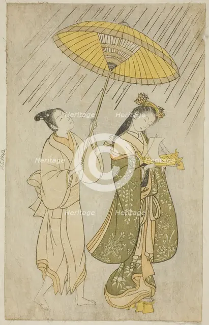 Parody of Komachi praying for rain, 1765. Creator: Ishikawa Toyonobu.
