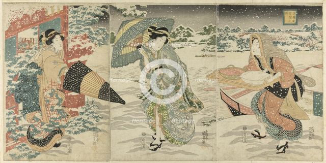 Parody of Liu Bei (J: Gentoku) Visiting Zhuge Liang (J: Komei) in Wind and Snow..., c. 1844. Creator: Utagawa Kunisada.