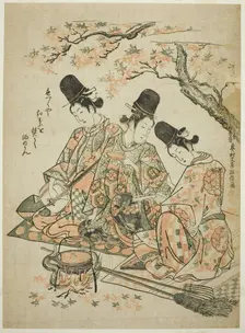 Parody of Palace Attendants Burning Maple Leaves to Heat Sake from "The Tale of Heike", c. 1750. Creator: Okumura Masanobu