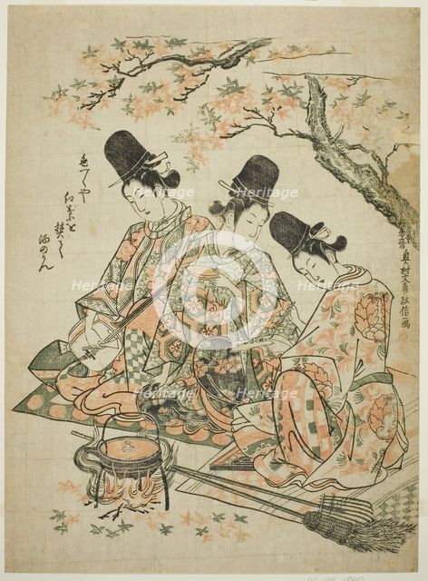 Parody of Palace Attendants Burning Maple Leaves to Heat Sake from "The Tale of Heike", c. 1750. Creator: Okumura Masanobu.
