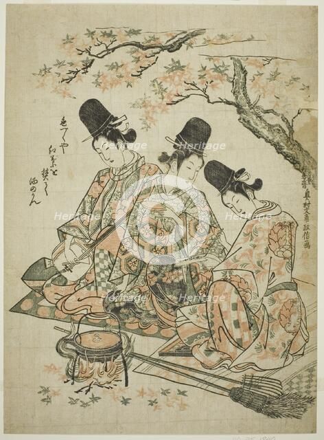 Parody of Palace Attendants Burning Maple Leaves to Heat Sake from "The Tale of Heike", c. 1750. Creator: Okumura Masanobu.