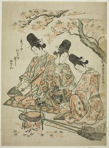 Parody of Palace Attendants Burning Maple Leaves to Heat Sake from "The Tale of Heike", c. 1750. Creator: Okumura Masanobu
