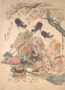 Parody of Palace Servants Heating Sake over a Fire of Maple Leaves , ca. 1750., ca. 1750. Creator: Okumura Masanobu