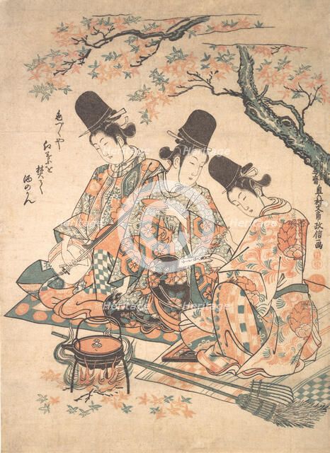 Parody of Palace Servants Heating Sake over a Fire of Maple Leaves , ca. 1750., ca. 1750. Creator: Okumura Masanobu.