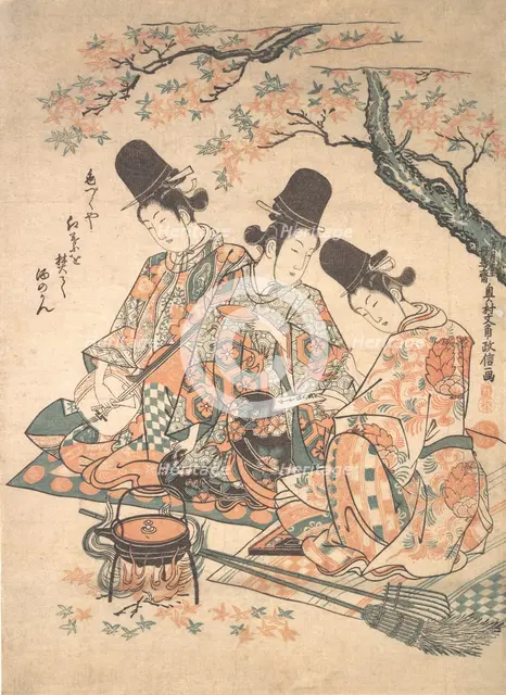 Parody of Palace Servants Heating Sake over a Fire of Maple Leaves , ca. 1750., ca. 1750. Creator: Okumura Masanobu.