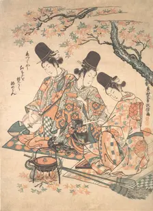 Parody of Palace Servants Heating Sake over a Fire of Maple Leaves , ca. 1750., ca. 1750. Creator: Okumura Masanobu