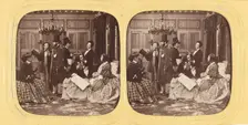 Parlor scene comprised of well-dressed people, about 1860. Creator: Unknown