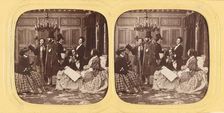 Parlor scene comprised of well-dressed people, about 1860. Creator: Unknown