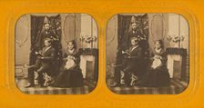 Parlor scene with two men and one woman, 1855-1860. Creator: Unknown