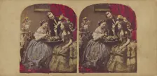 Parlor scene: woman seated at table, man standing at center, about 1860. Creator: Edward Anthony