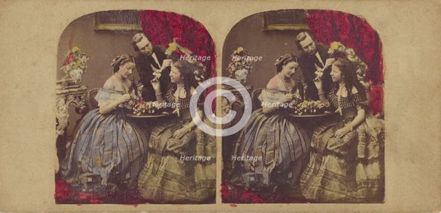 Parlor scene: woman seated at table, man standing at center, about 1860. Creator: Edward Anthony.