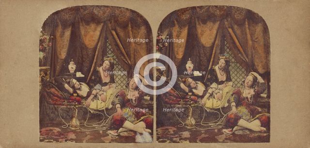 Parlor scene: women lounging after smoking a hookah, about 1860. Creator: Edward Anthony.