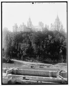Parliament B'lg's, Ottawa, from Manor i.e. Major's Hill Park, between 1890 and 1901. Creator: Unknown