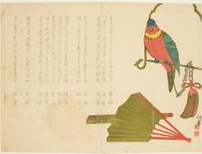 Parrot and Fans, 19th century. Creator: Tanaka Shutei