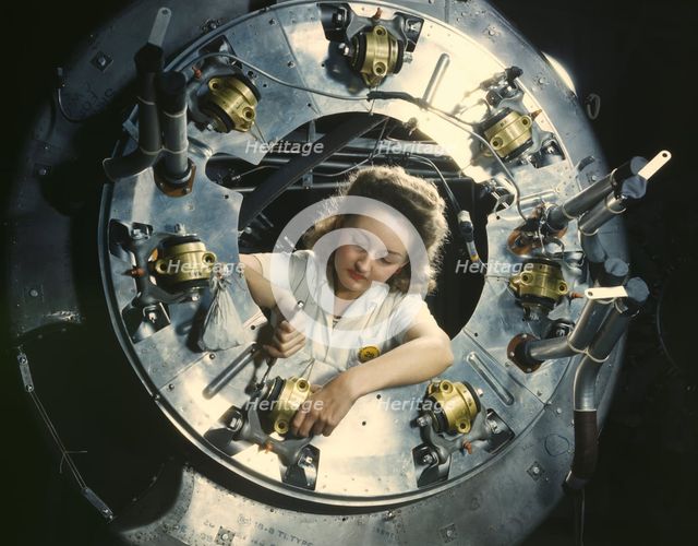 Part of the cowling for one of the motors...North American Aviation, Inc., Inglewood, Calif., 1942. Creator: Alfred T Palmer.