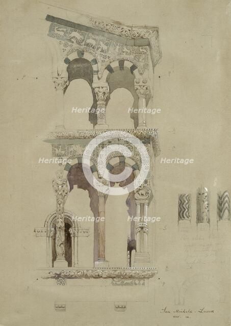 Part of the Facade of the destroyed Church of San Michele in Foro, Lucca, as it appeared in 1845, Ma Artist: John Ruskin.