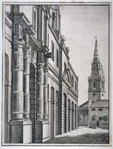 Part of the King's Mews with the church of St Martin-in-the-Fields, Westminster, London, c1750. Artist: Anon