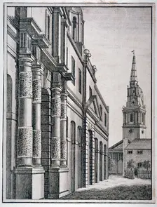 Part of the King's Mews with the church of St Martin-in-the-Fields, Westminster, London, c1750. Artist: Anon
