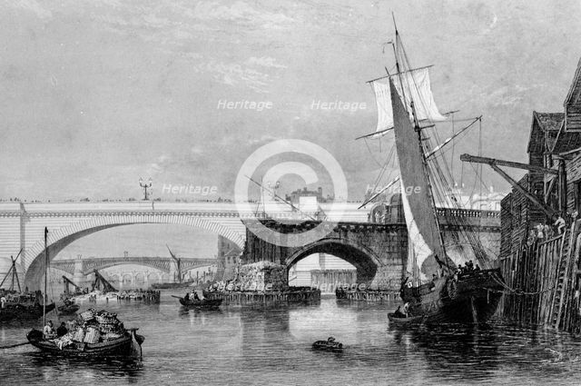 'Part of the Old and New London Bridges', 1832. Artist: George Cooke